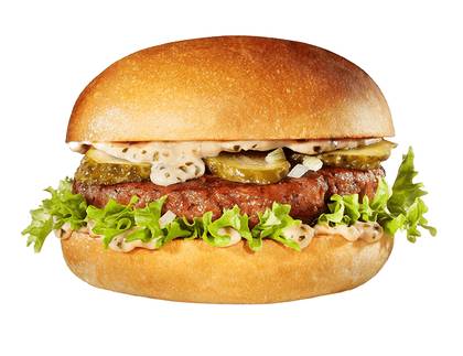 HAMBÚRGUER DE NOVILHO COM QUEIJO CHEDDAR  + COGUMELOS FRESCOS + ALFACE + MAIONESE DE ALHO CASEIRA