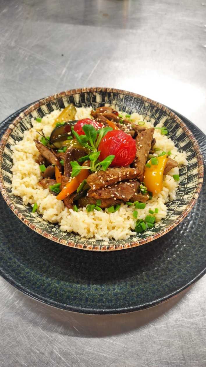 Spicy Pork Pan with Vegetables and Basmati Rice