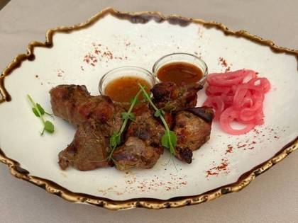 Pork neck shashlik with roasted vegetable sauce