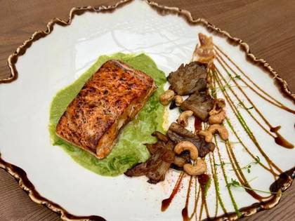 Baked Salmon Fillet with Mushrooms and Salad Dressing