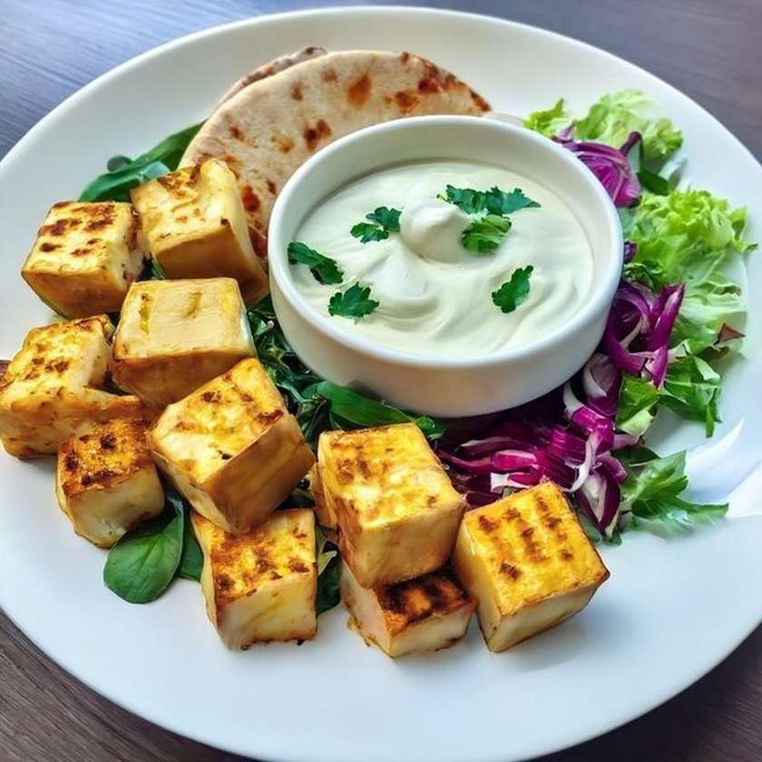 Grilled Paneer - marinated paneer cubes served with salad 150g
