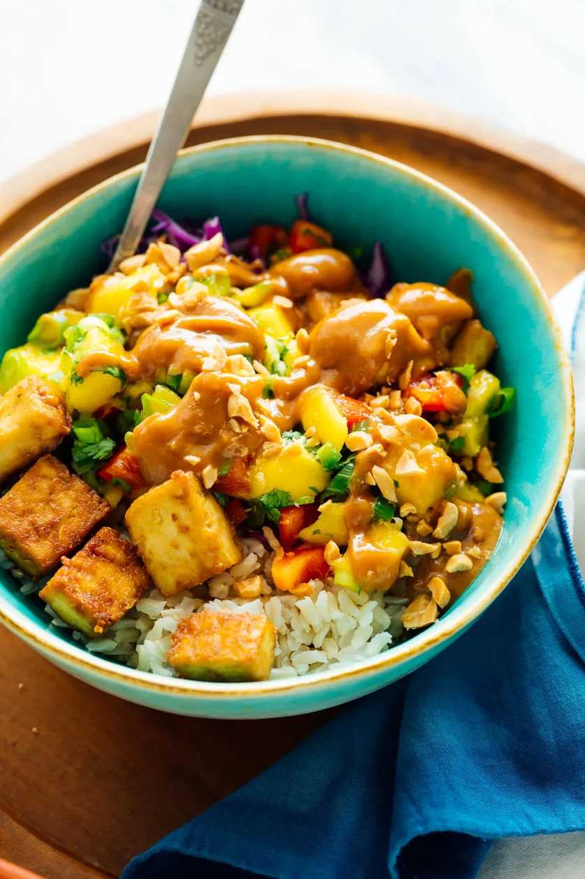 Mango and Peanut Asian Slaw Salad Crispy Tofu