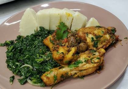 Chicken Dry with Ugali, Chapati, Pilau, Rice, or Chips