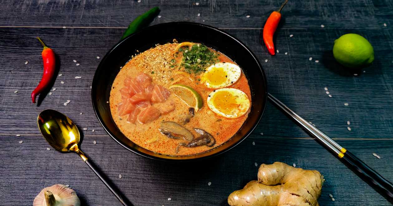 Tom yum ramen with salmon