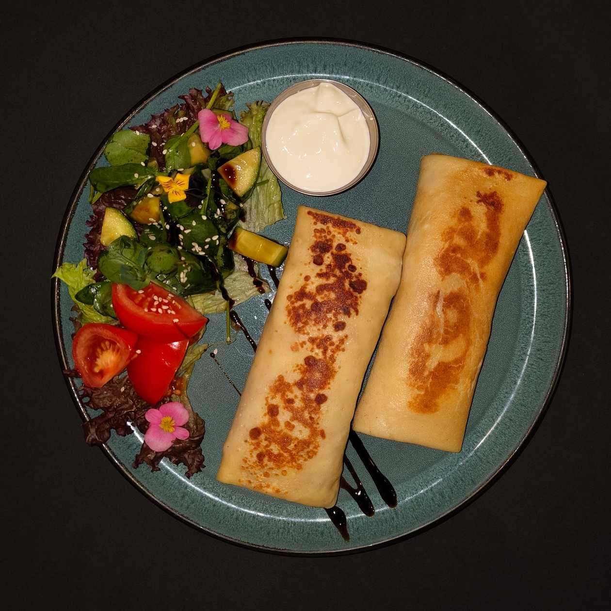 Pancakes with cheese and smoked meats