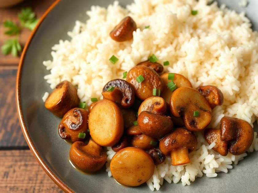 Ciuperci la tigaie cu orez basmati