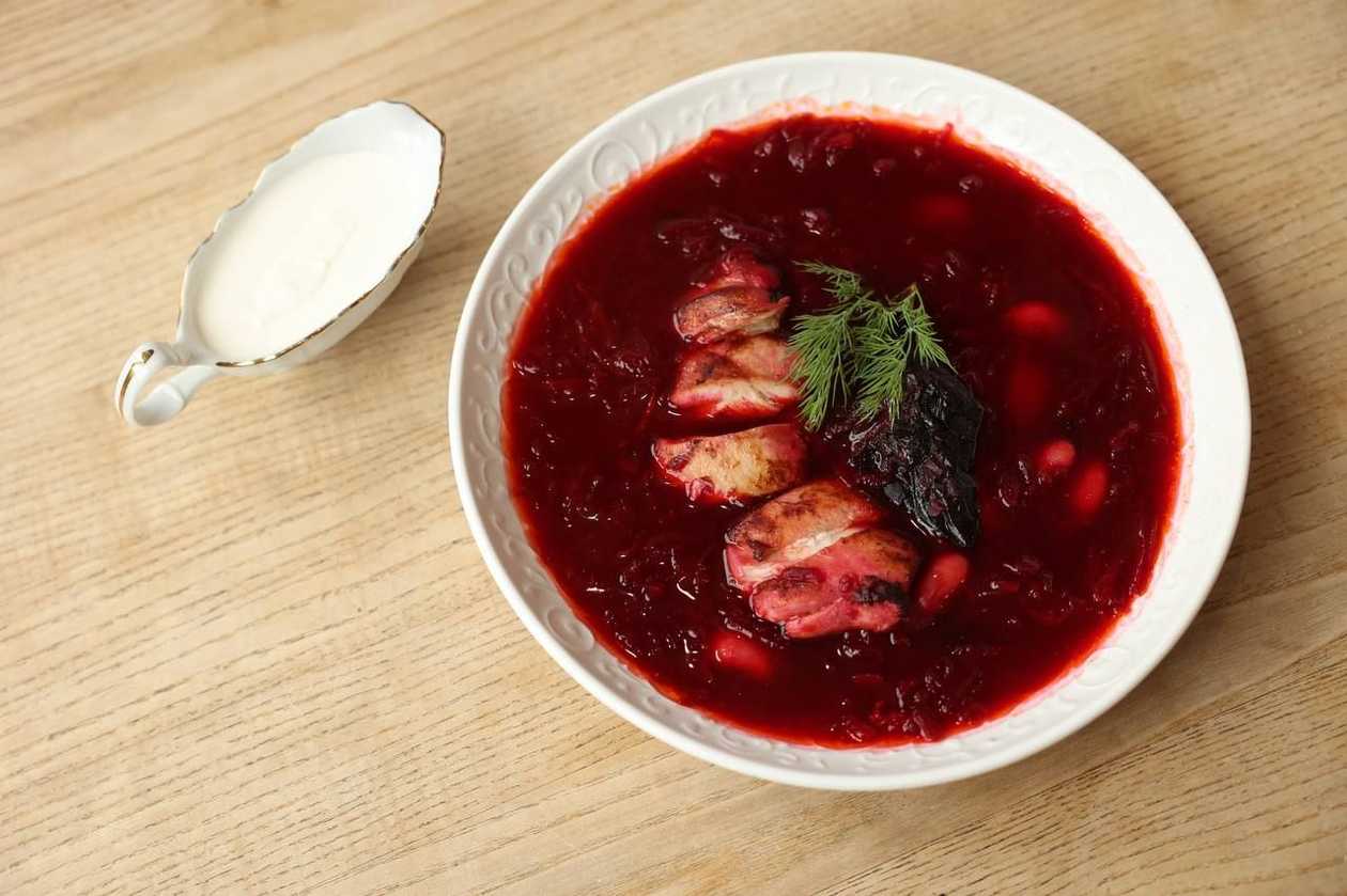 Borscht with Porcini Mushrooms, Smoked Pear, and Beans