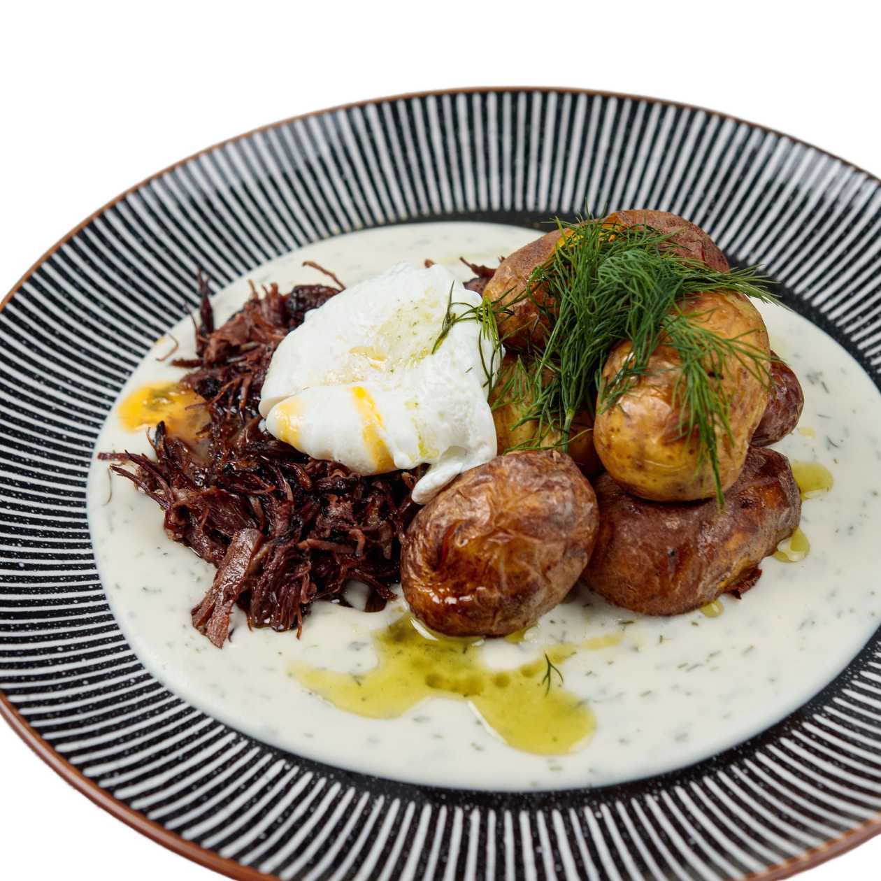 150g Dill Sauce with Pulled Beef Rib, Poached Egg, Roasted Grenaille Potatoes