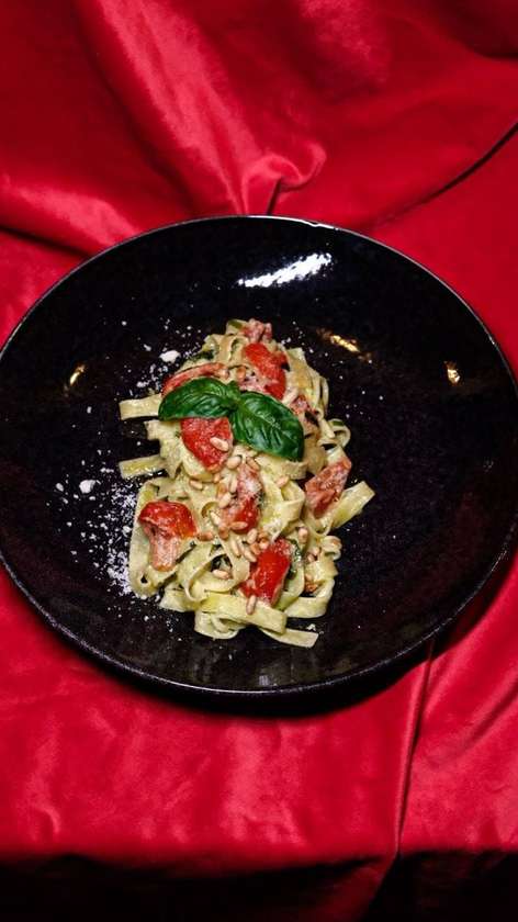 Tagliatelle with Homemade Pesto and Pine Sprouts