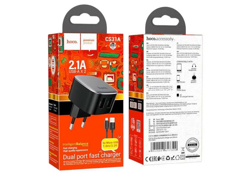 Hoco Cs31a 2,1a Usb To Micro Adaptor (Dəst)