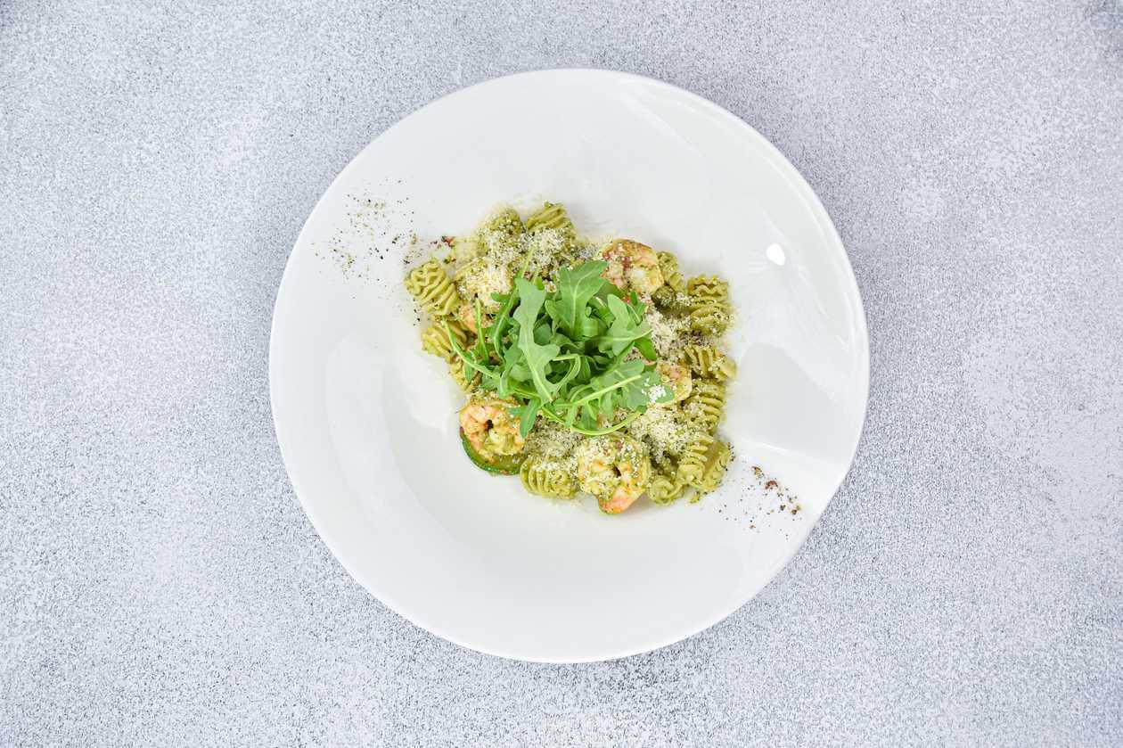 With shrimp and basil pesto sauce