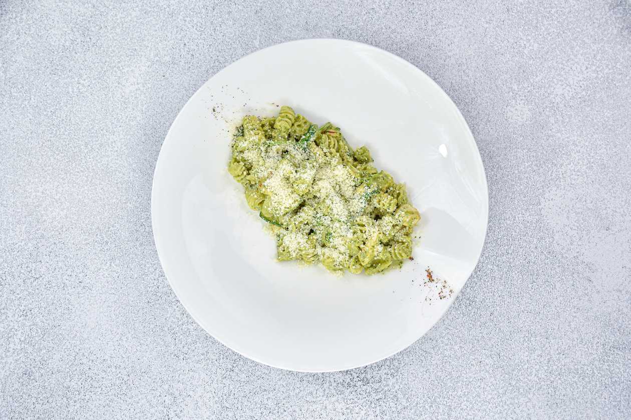 With chicken and cream-basil pesto sauce
