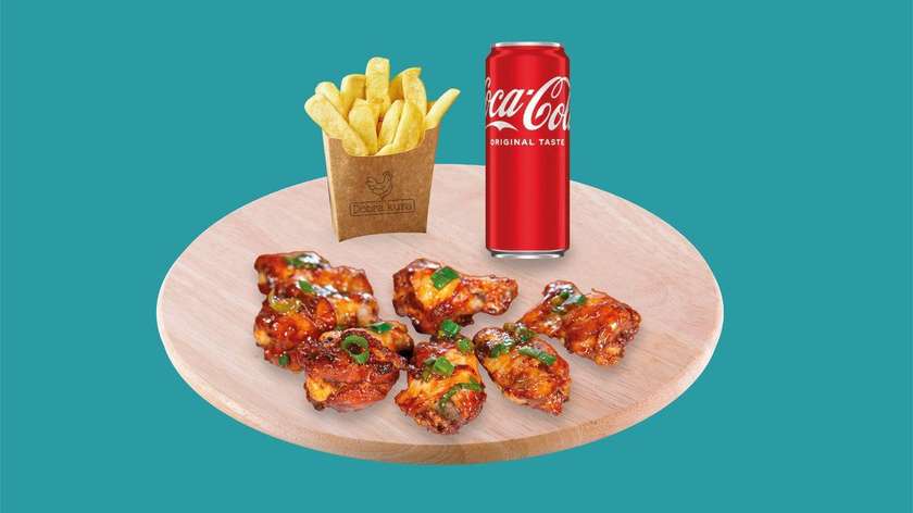 Zestaw 7 szt. skrzydełka w sosie asassam + frytki + Coca Cola