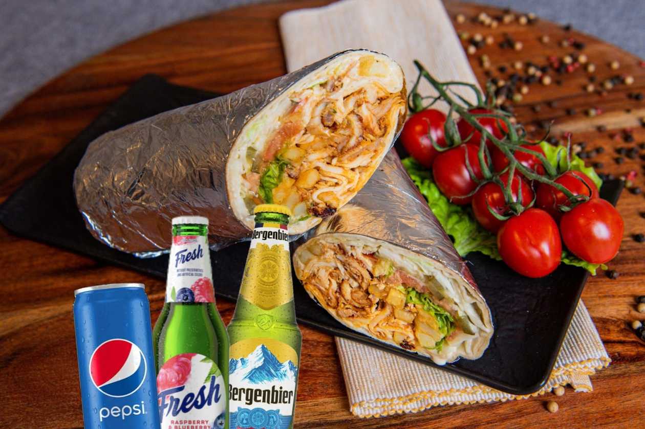 PROMOȚIE: 2 × Shaorma vită lipie + 2x PEPSI/Fresh/Bergenbier