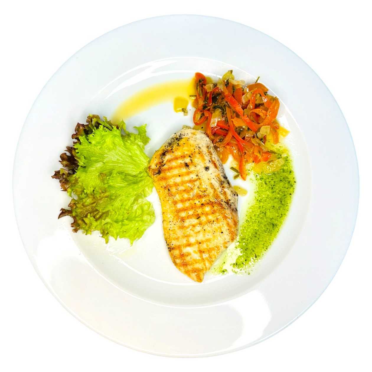 Chicken steak with roasted pepper sauce