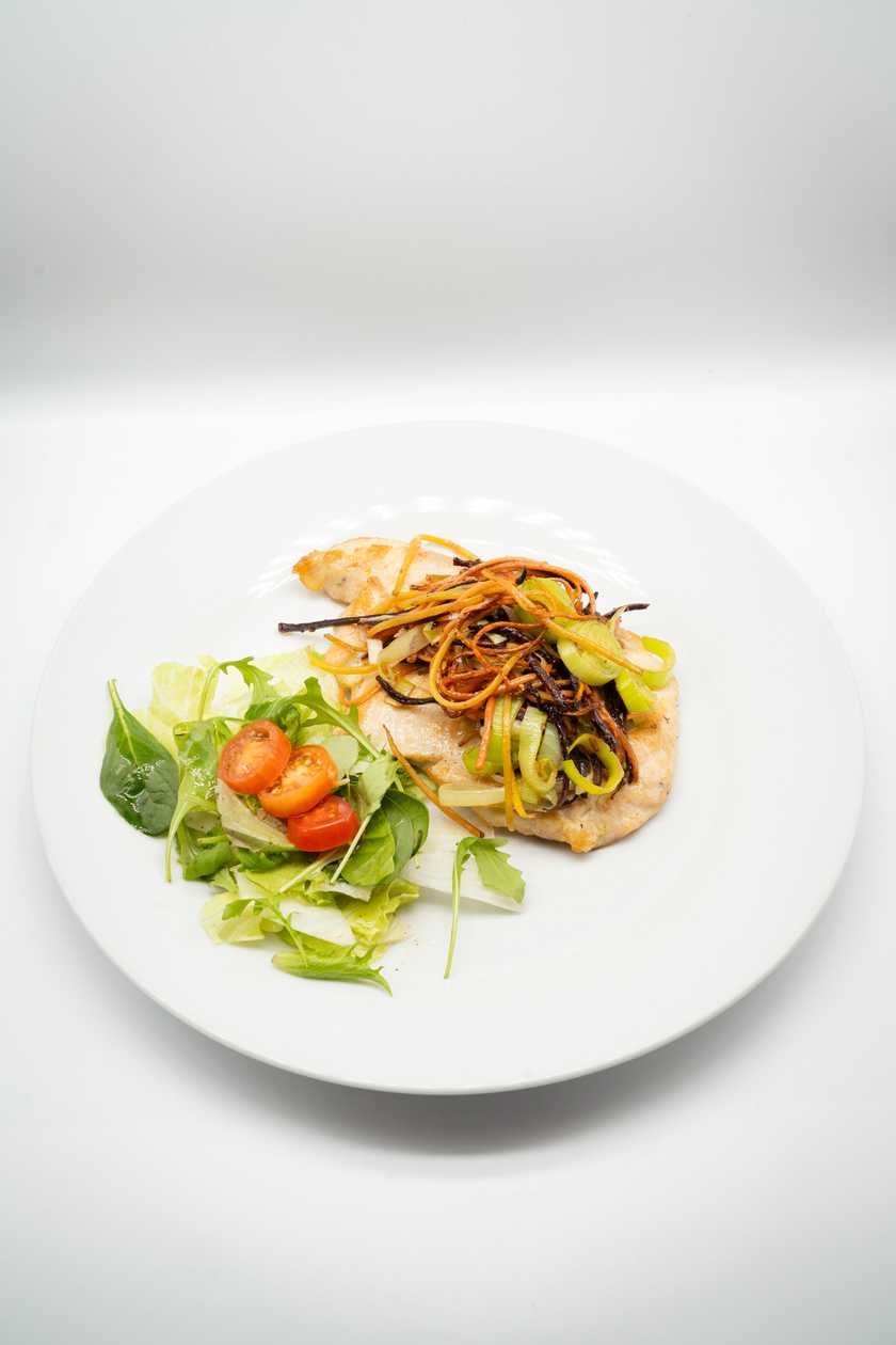 Chicken breast with roasted julienne root vegetables