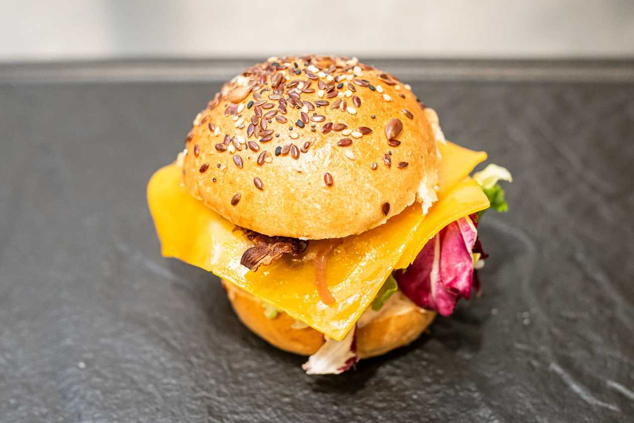 Mini cheeseburger with fries and BBQ sauce