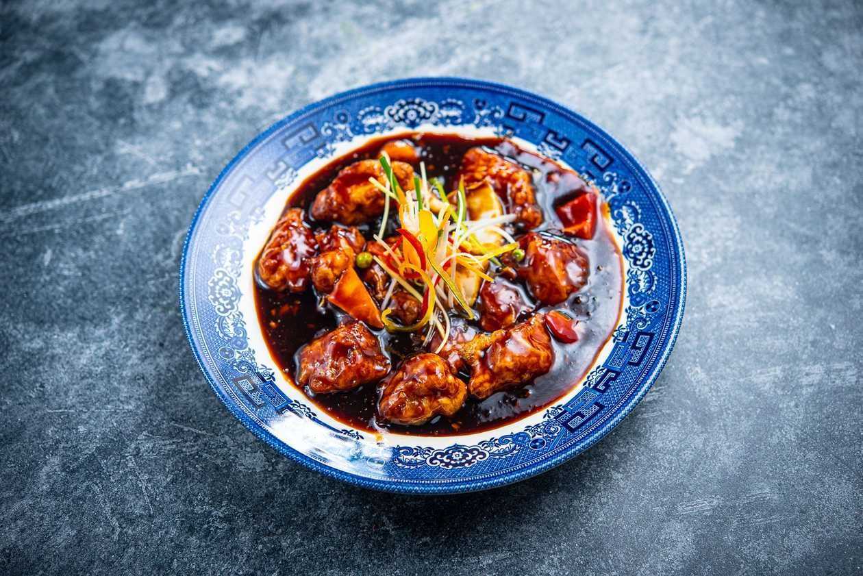 Lamb in Manchurian sauce (chilly, ginger, garlic in soy sauce)