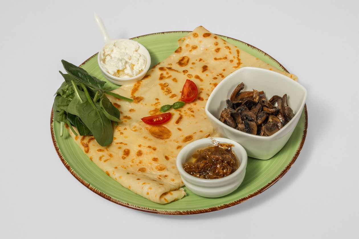 Pancake with Spinach and Feta Cheese, Champignons, Yellow Cheese
