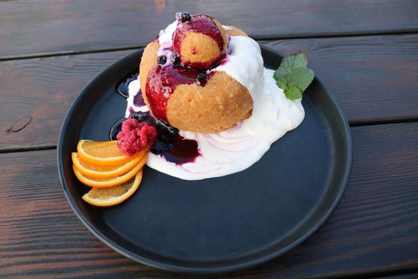 Rumanian Cheese Donut with Creamy Sour Cream and Jam