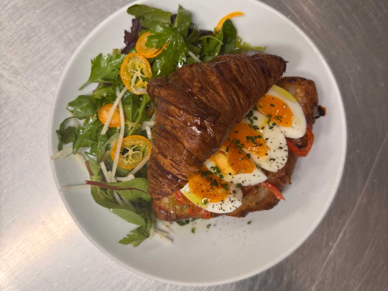 Croissant with salsa piperade & soft-boiled egg