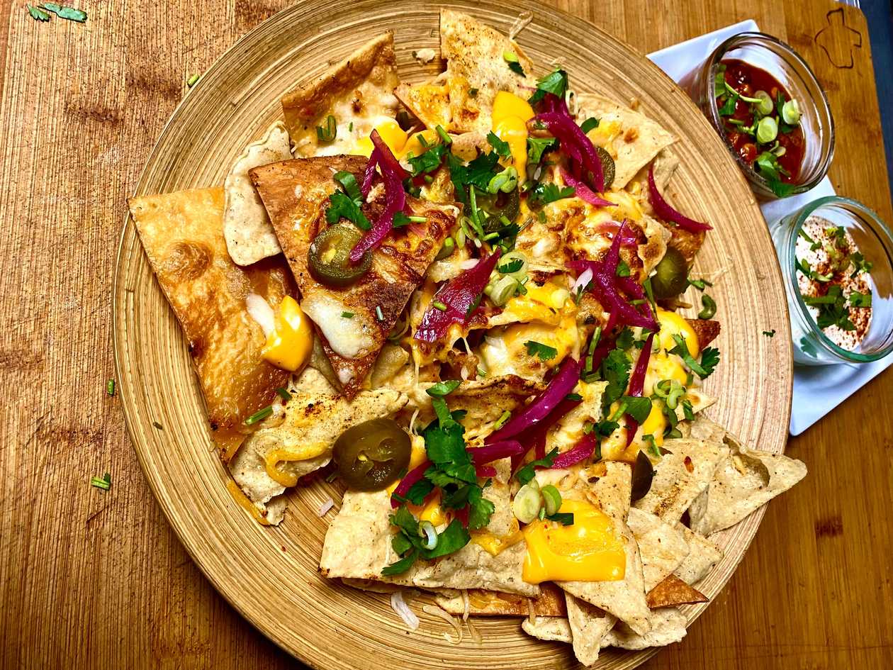 Baked Nachos With Homemade Warm Salsa and Sour Cream