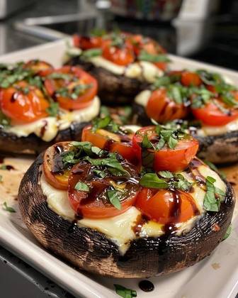 Krāsnī ceptas portobello sēnes pildītas ar mozzarella sieru un tomātiem