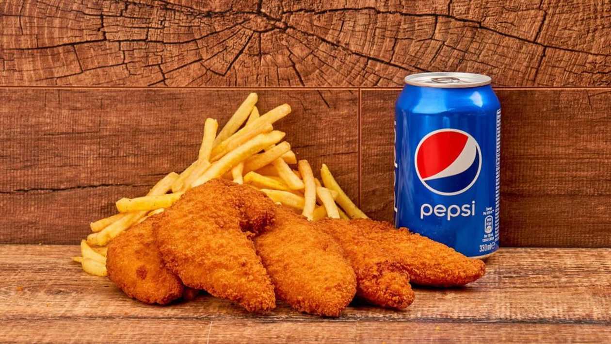 5 traškūs vištienos kepsniukai +gruzdintos bulvytės +pepsi 0,33l.