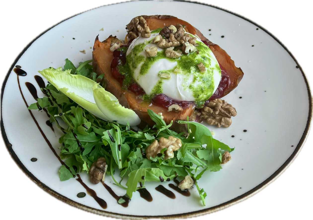 Baked Sweet Potato with Burrata and Cranberries