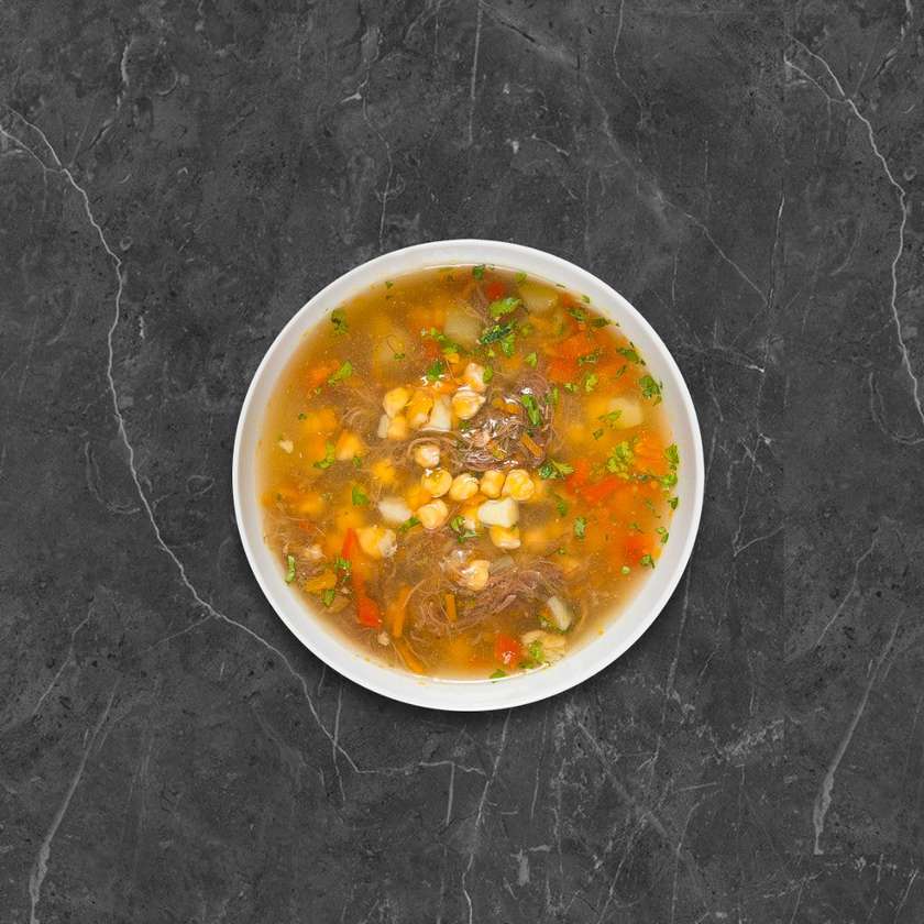 Aromatic chickpea soup with pulled pork