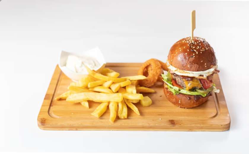 Grizzly Burger, French Fries, Onion Rings, Tartar Sauce