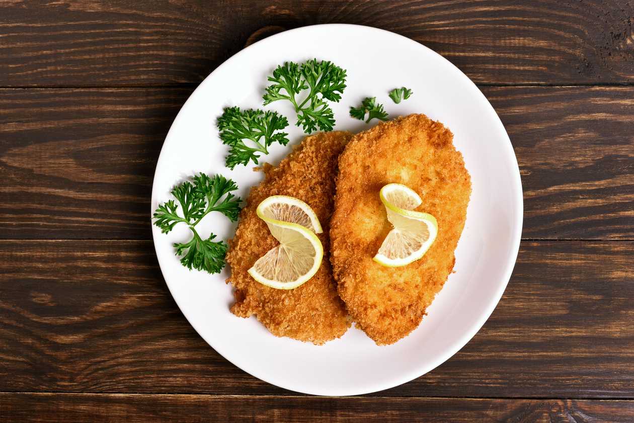Turkey Schnitzel with French Fries and Garlic Mayonnaise Sauce