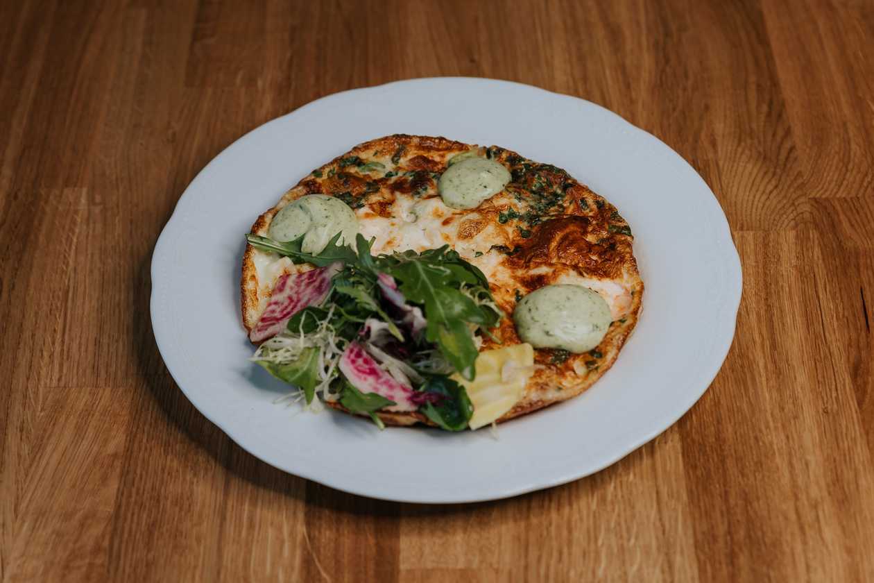 Three Egg Omelette with Onion, Cheese & basil dressing (N)