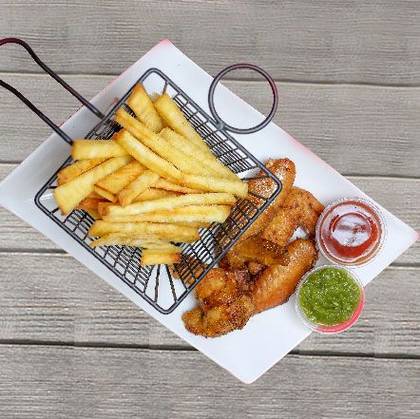 Yam chips with spicy wings