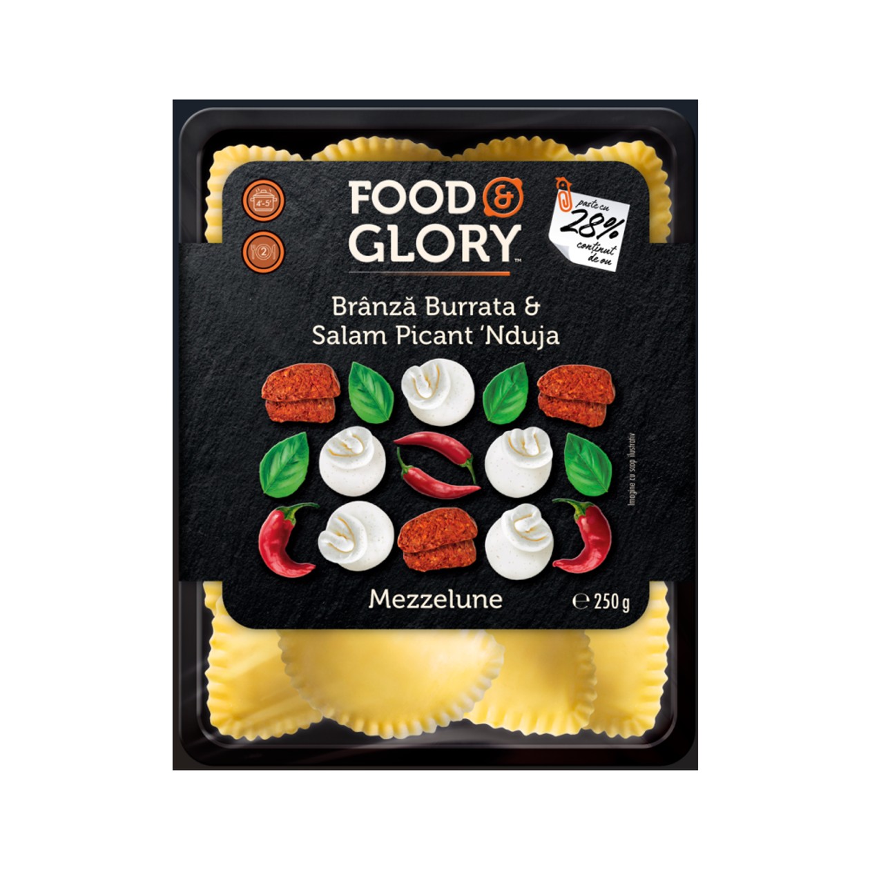 Food Glory, Paste Proaspete cu Umplutura de Branza Burrata si Salam Picant N’duja, 250 g (expiră în curând)