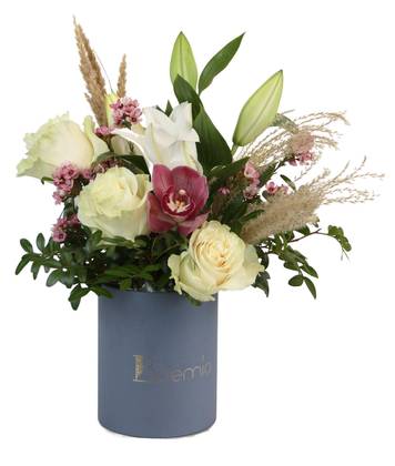 Natural Arrangement with 3 White Roses, Lilies, and Cymbidium