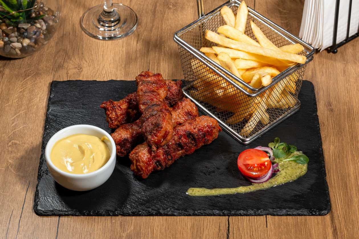 Grill Minced Meat Rolls with Fries and Mustard