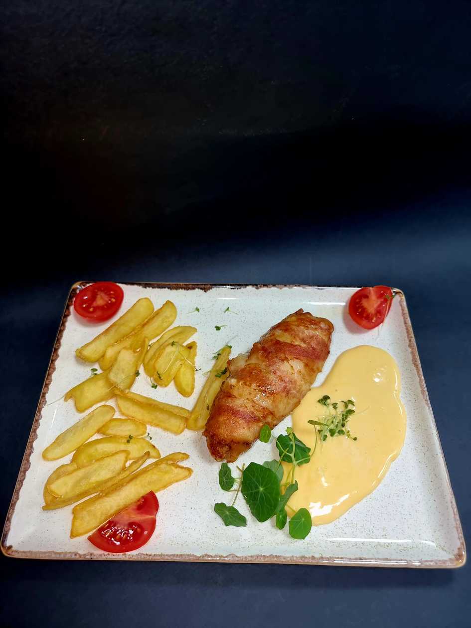 Chicken Fillet Wrapped in Bacon with Potato Dips and Cheese Sauce