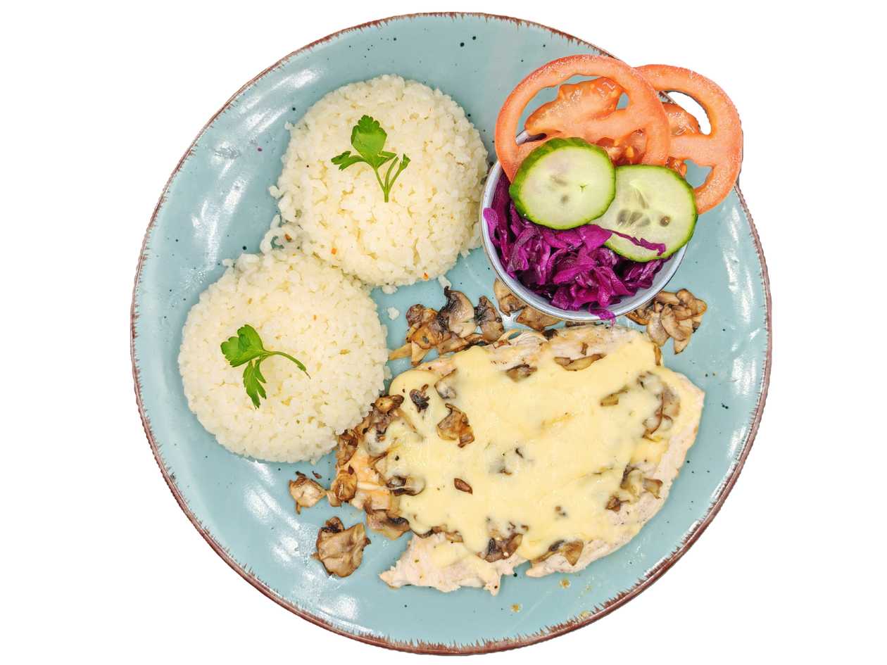 Natural chicken schnitzel with champignons and cheese