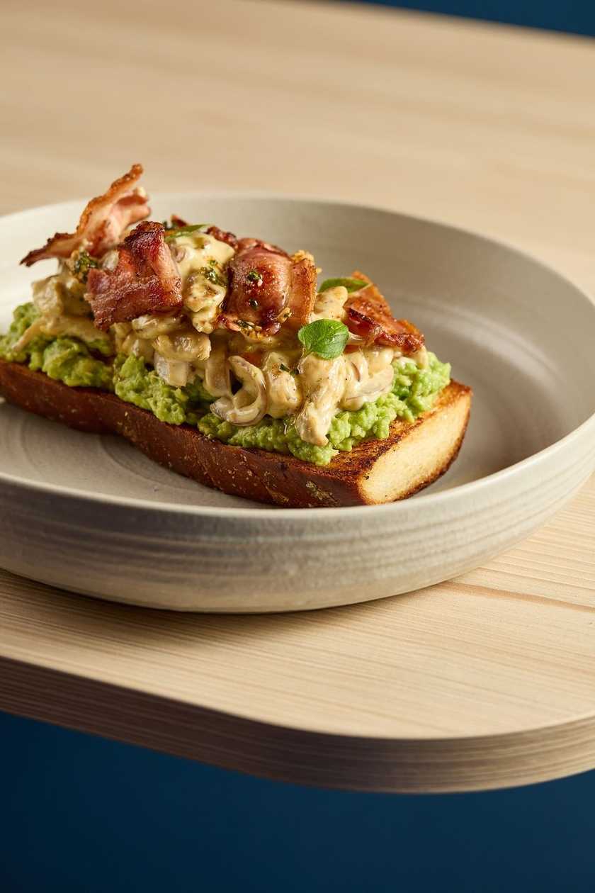 Avocado toast with chicken and mushrooms