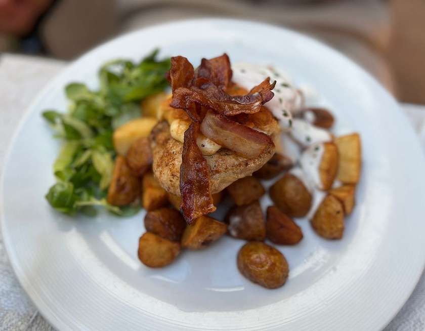 Pork Tenderloin Steak with Grilled Smoked Cheese and Sheep's Cheese Sauce