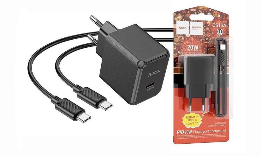Hoco. CS13A PD20W adapter + cable USB-C to USB-C black