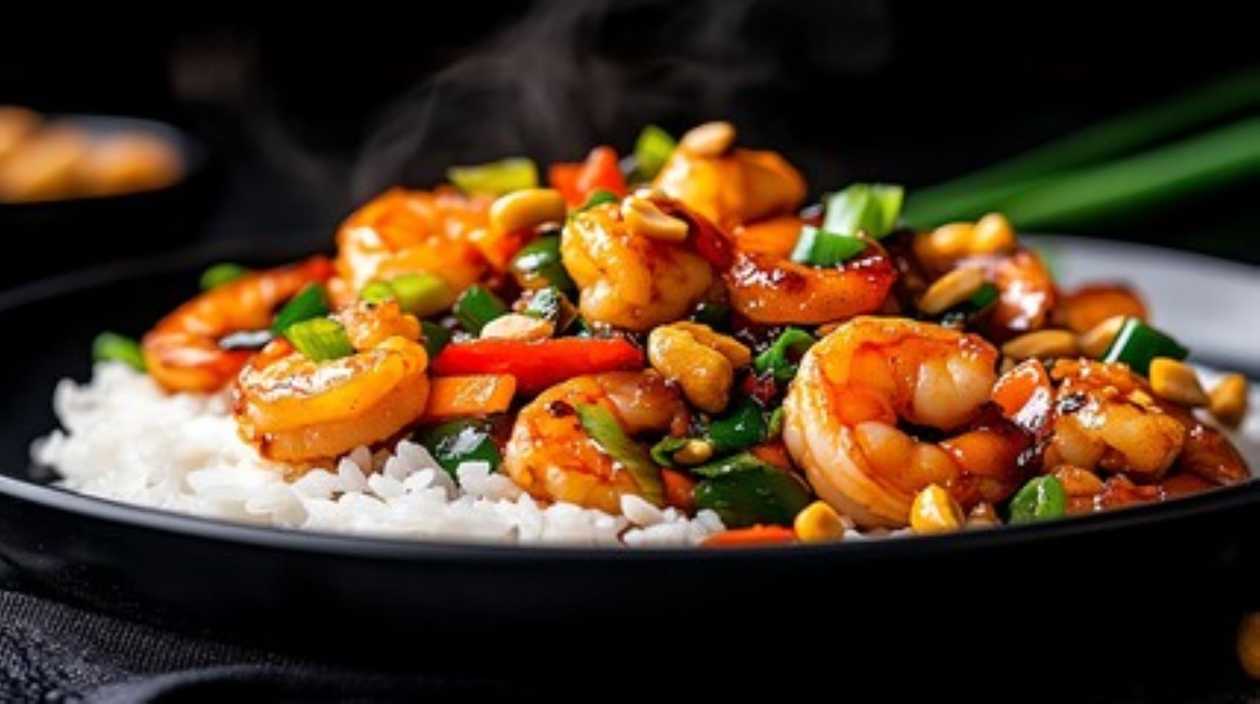 Kung pao with shrimp + rice