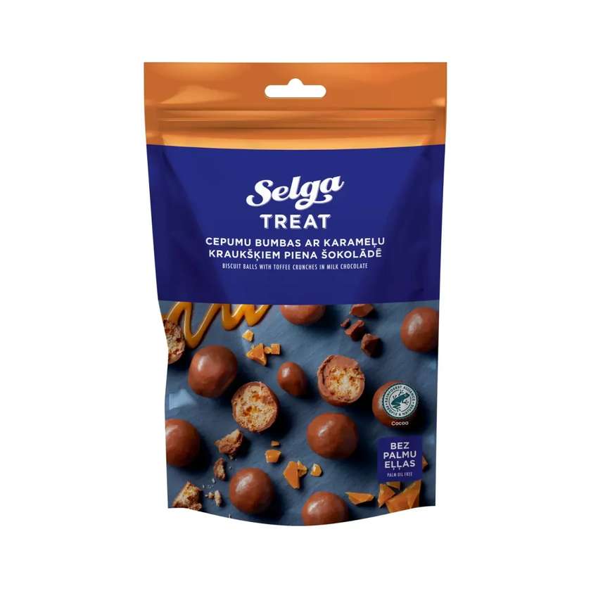 SELGA cookie balls with crunchy caramel in milk chocolate, 120 g
