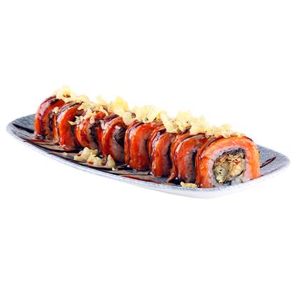 Uramaki with Flambeed Teriyaki Salmon and Eel in Tempura