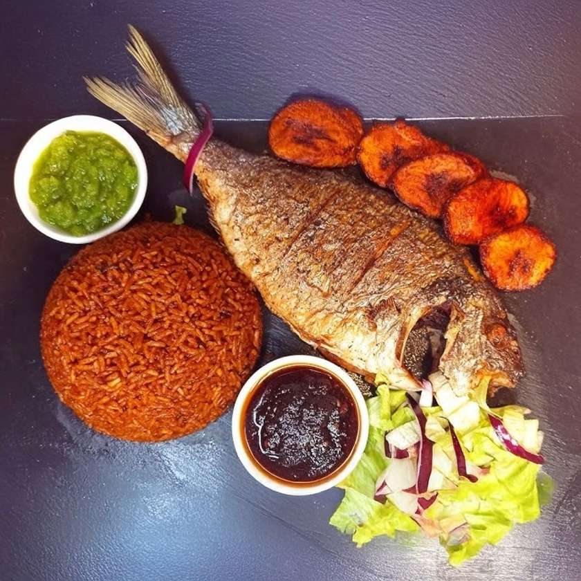 Grilled Tilapia with Plantan/Jollof/Fried Rice