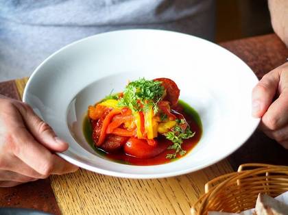 Beer sausages with roasted peppers