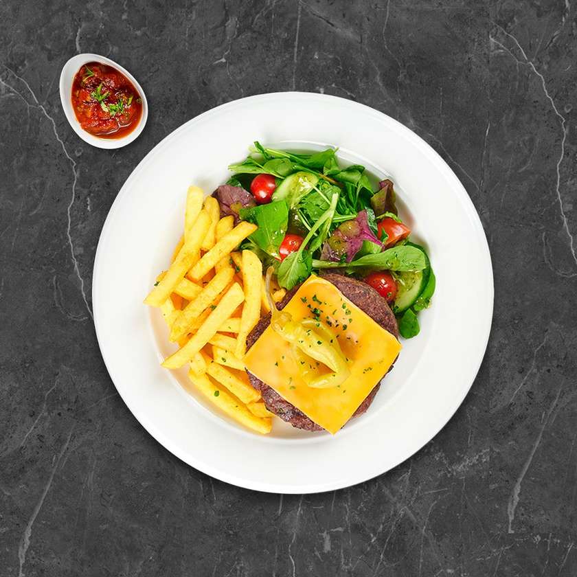 Naked beef burger with cheddar cheese