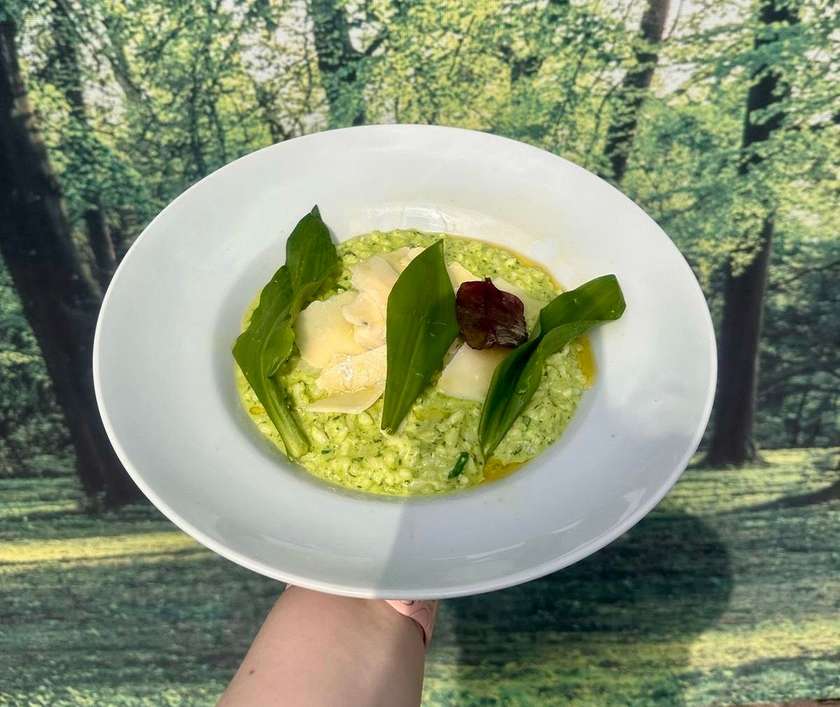 350g+	Krémové rizoto z medvedieho cesnaku s hoblinami parmezánu