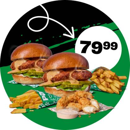 2x BURGER Z KURCZAKIEM + 2x FRYTKI + 6 POPSY